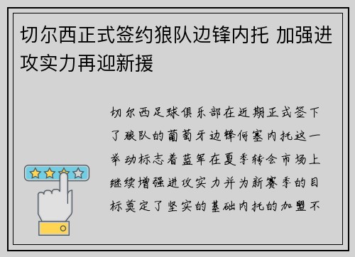 切尔西正式签约狼队边锋内托 加强进攻实力再迎新援
