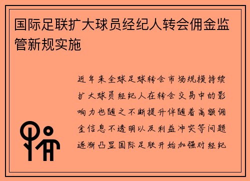 国际足联扩大球员经纪人转会佣金监管新规实施 国际足联扩大球员经纪人转会佣金监管新规实施