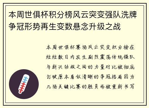 本周世俱杯积分榜风云突变强队洗牌争冠形势再生变数悬念升级之战